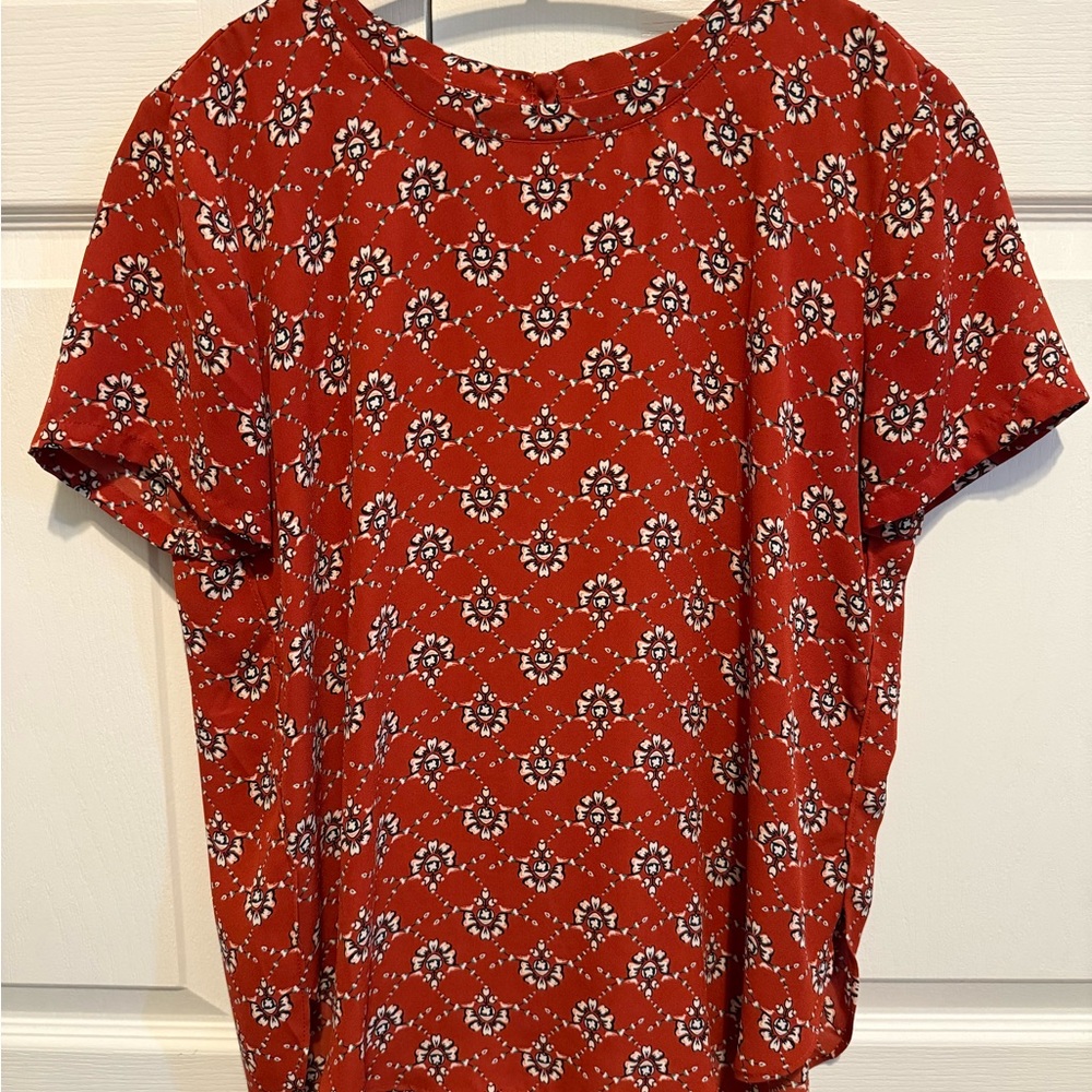 LOFT Burnt Orange and White Patterned Short Sleeve Top